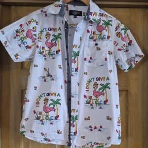 LGBTQ+ Gay Pride Flamingo Drinking Short Sleeve Button Up Shirt Small Unisex